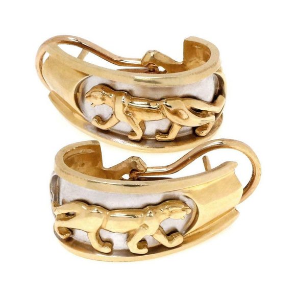 14k Two Tone Gold Panther Oval Huggie Earrings - Picture 3 of 4